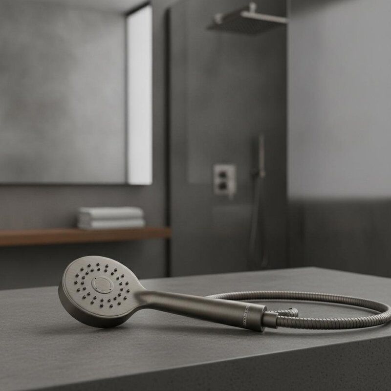 Τηλέφωνο ντους με φινίρισμα gunmetal, σχεδιασμένο για να συμπληρώνει τα σύγχρονα μπάνια, προσφέροντας λειτουργικότητα και κομψή εμφάνιση